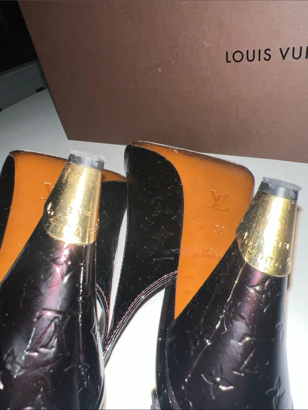 Louis Vuitton Vernis Monogram Slingback Heels with Gold Buckle